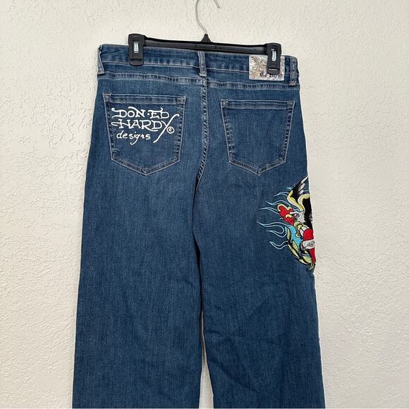 Ed Hardy Y2K Wide Leg Embroidered Logo Jeans 28 - Picture 5 of 7